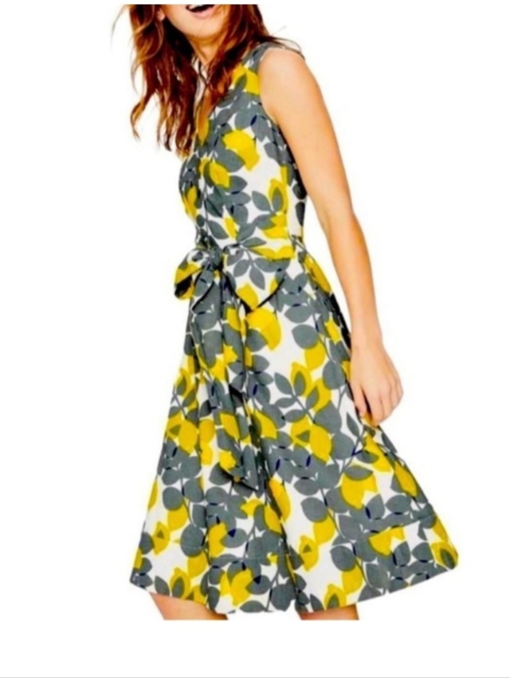Boden Sleeveless Yellow & Gray Lemon-Print Tie-Waist Dress